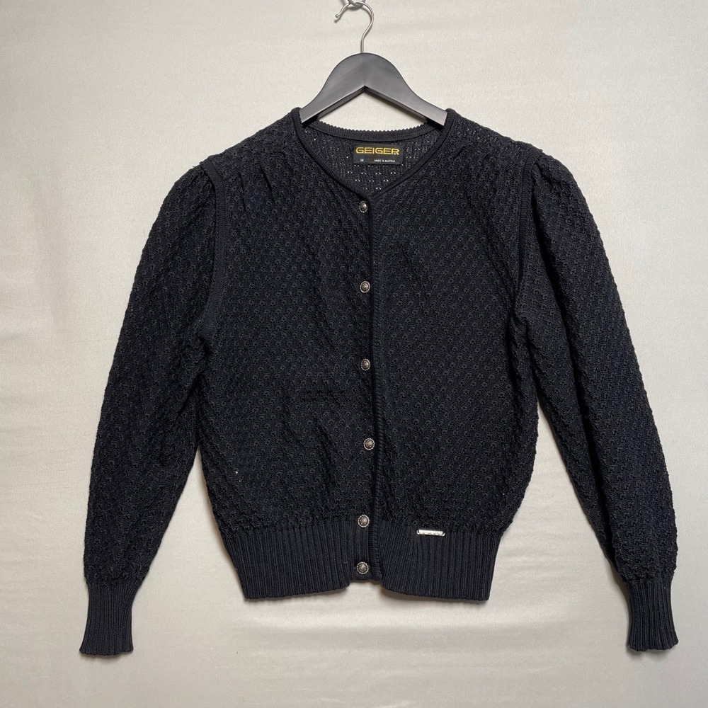 Vintage Geiger Cardigan Black Textured Knit Puff Sleeve Buttons Womens Size M 38